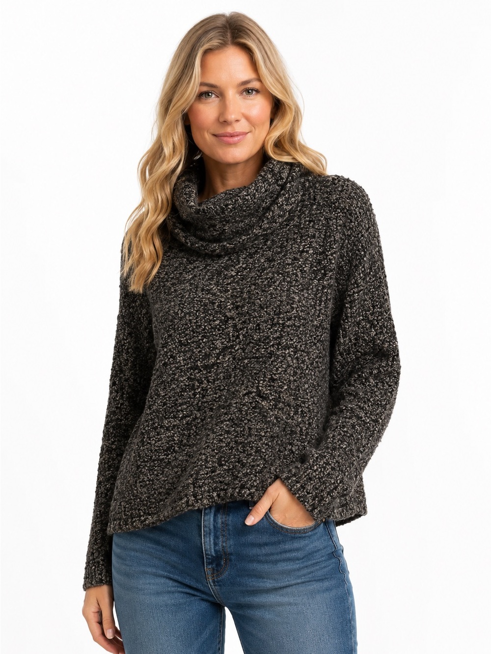 Anthropologie Sanctuary Bouclé Cowl Neck Sweater Gray Black Cozy Knit Size XL